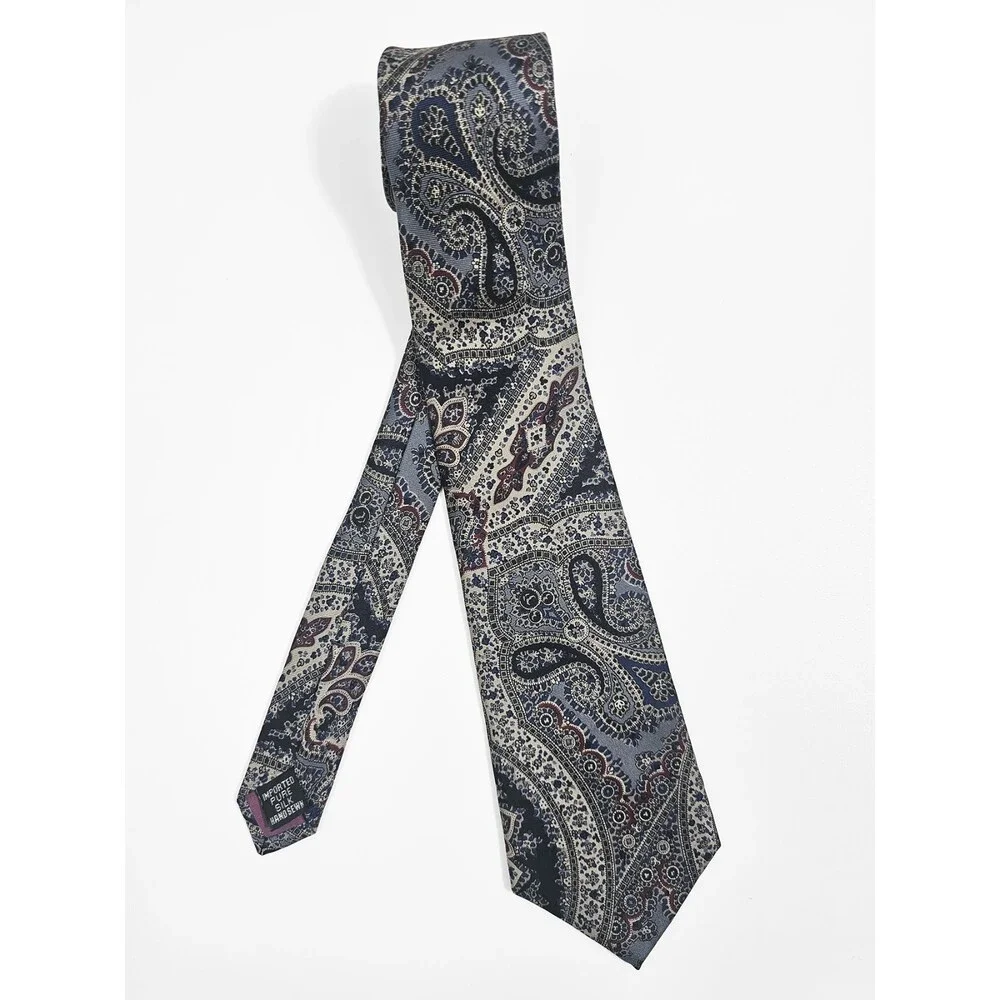 Keys & Lockwood Vintage Handmade Gray Blue Red Paisley Silk Tie